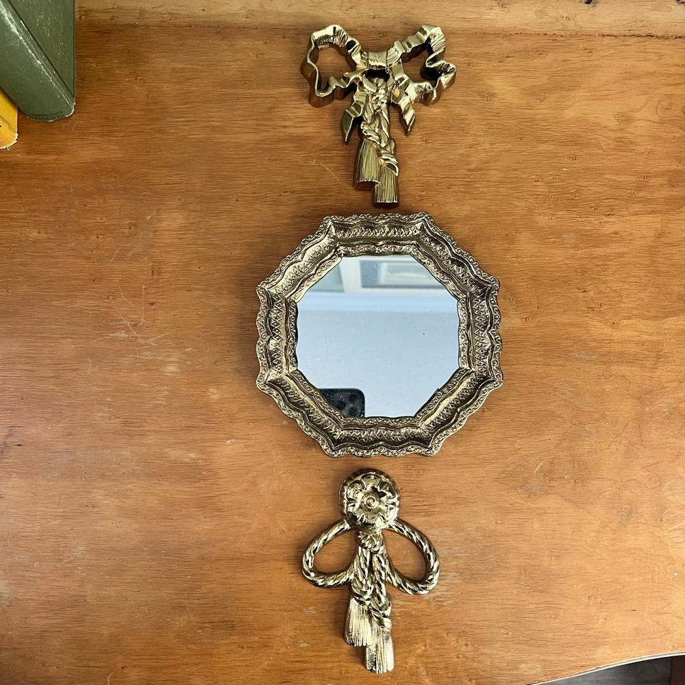 Vintage Burwood Gold Octagonal Mirror Bow and Tassel Wall Decor Set 3 Piece